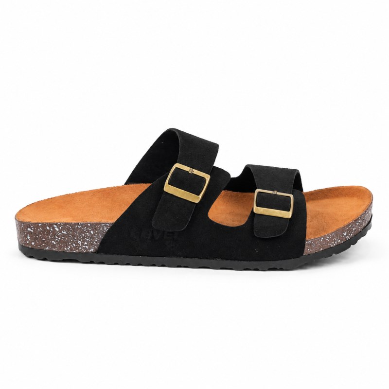 Double Buckle Slides Suede Black