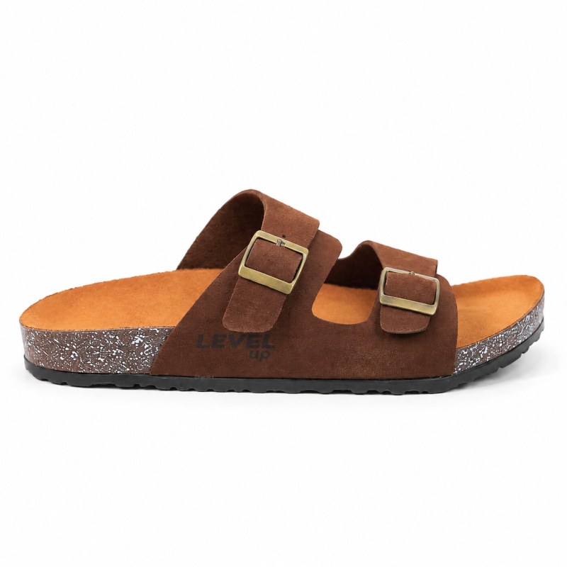 Double Buckle Slides Suede Brown