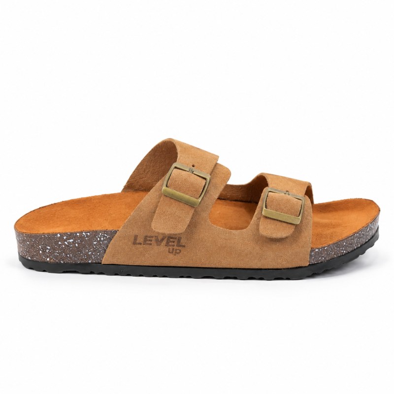 Double Buckle Slides Suede Beige